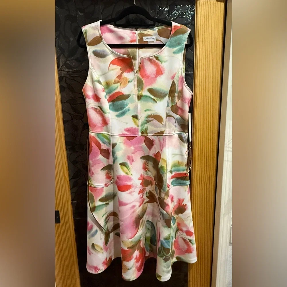 Calvin Klein Women's Floral Belted Jewel-Neck A-Line Dress - Picture 4 of 8
